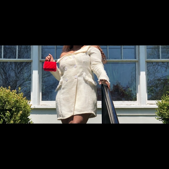 White Tweed Off Shoulder Blazer Dress - Picture 4 of 7